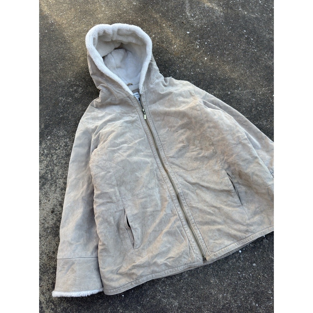 Vintage Y2K St Johns Bay Faux Suede Fur Lined Hooded Jacket Beige 3X (G6A)‎